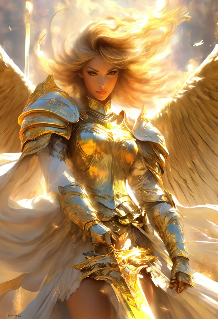 pintura de uma mulher com uma espada e uma espada na mão, arte digital by Yang J, vencedor do concurso pixiv, arte digital, full of paintings of anjos, anjoical, anjoic golden armor, beautiful anjo, anjo, archanjo, anjoic, an anjo of the dawn light, Atena deusa da sabedoria, beautiful female anjo, of beautiful anjo, tall female anjo