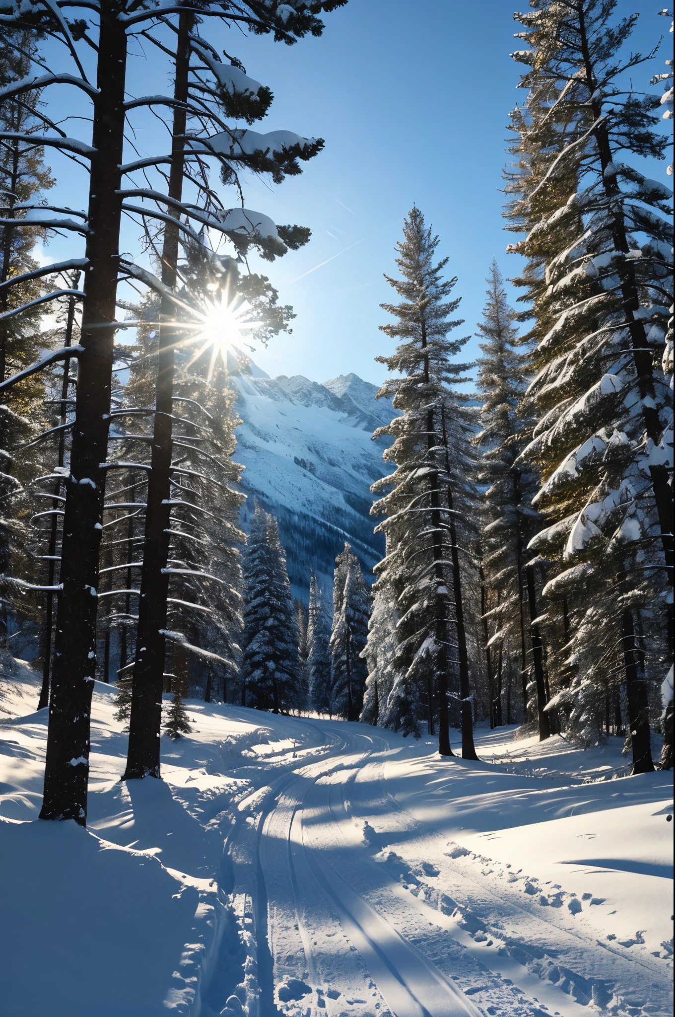 Mountain snow sun trees 