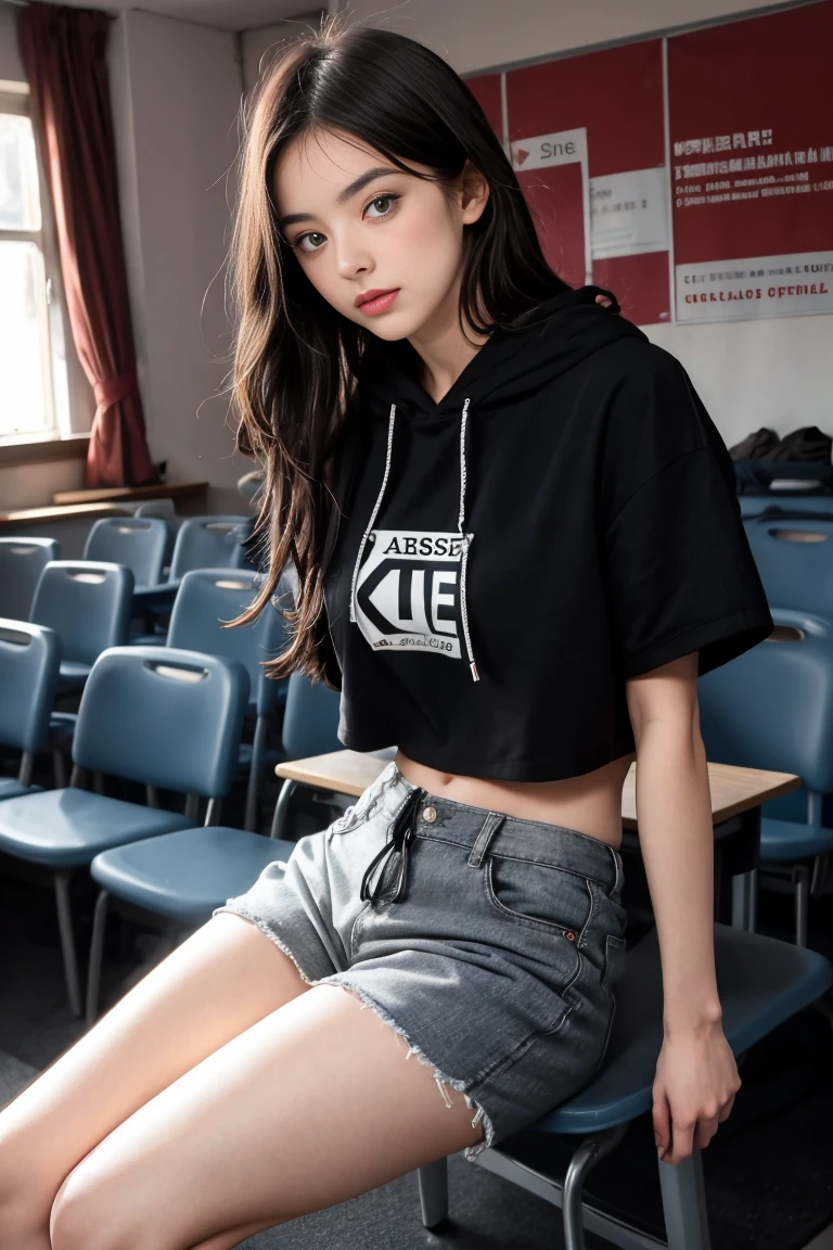 une femme de 18 ans sexy et mince , black short sleeve hoodie , salle de classe, se touche,position sey,sensuel