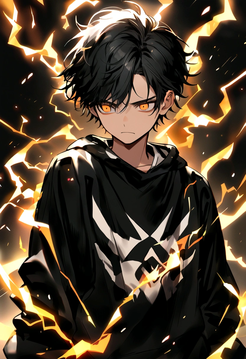 Man  Long black hair black and white sweatshirt with orange electricity on his body with a worried look