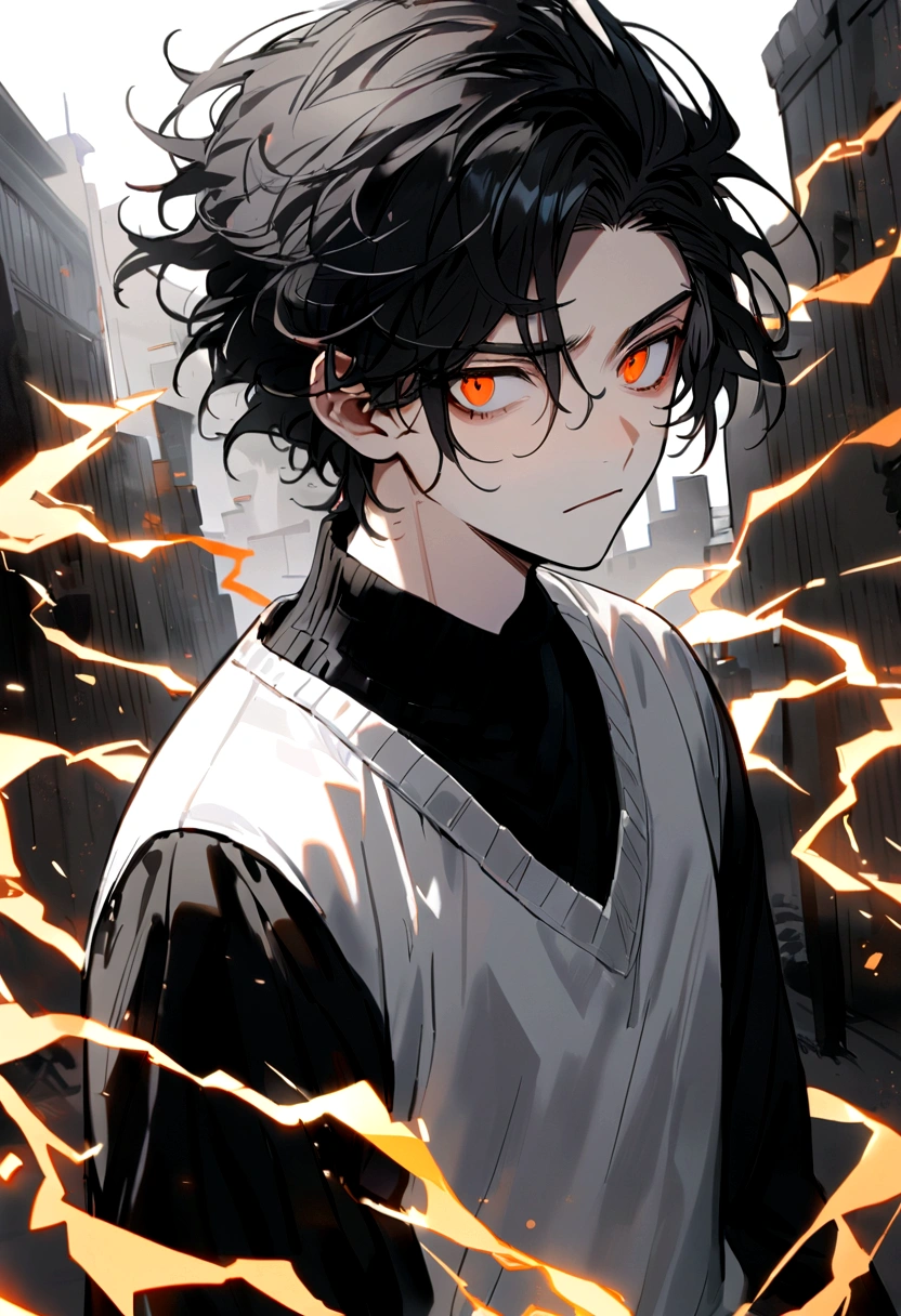 Man 17 years old Long black hair black and white sweatshirt with orange electricity on his body with a worried look