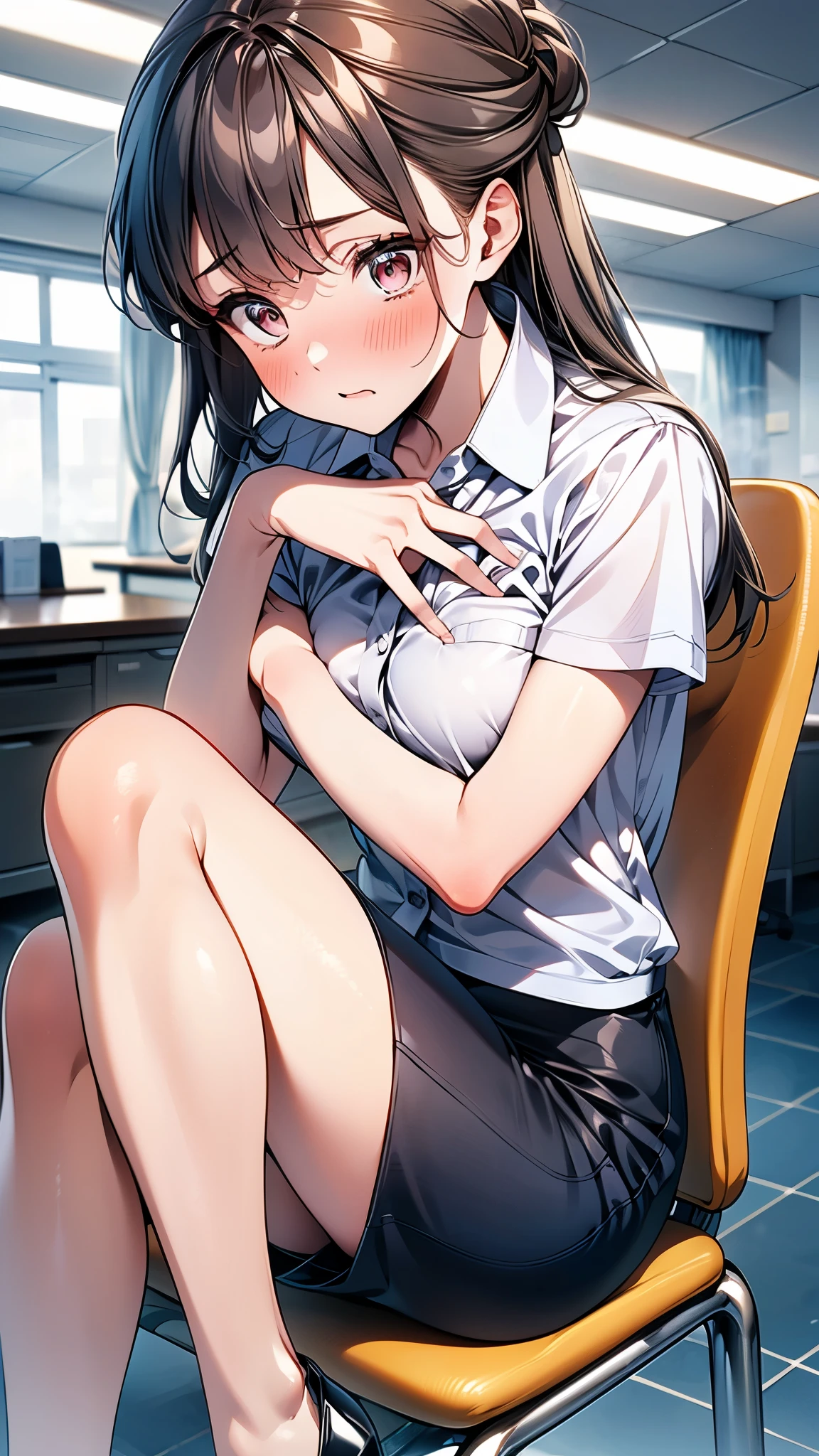 (1 person、alone), Beautiful woman, ((Anatomically perfect body)), Slender、(OL, office lady)、(Short sleeve blouse、vest、Pencil Skirt)、 (Look down, face down:1.、(Highest quality)、Black Hair, (half updo:1.2), (Sit on a chair)、(Inner thighs), (office)、(8K, High resolution)、(shy:1.4)、small breast, (steam:1.1), (embarrassed:1.3)、High definition face、(Pussy juice:1.1), (Hug your chest), High heels, (Thin legs)
