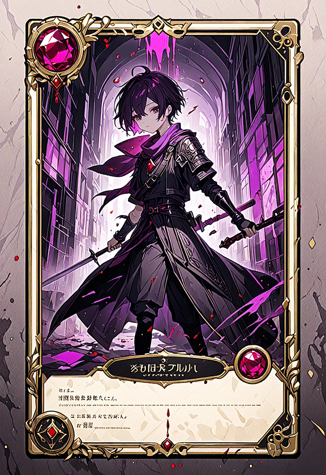 A card border UI,Modern urban minimalist style,Suspense style,Character profiles。Leave a square blank space in the middle,There is a ruby under the bezel。Parchment backing,There are blood stains on it。Black and White、yellowish、Lilac main color。