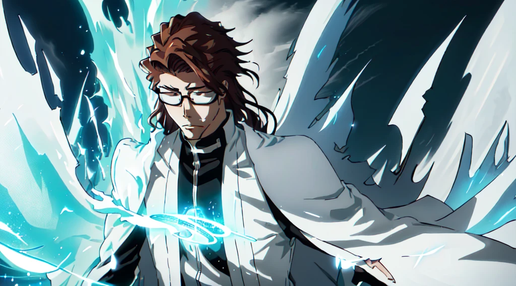 Sosuke Aizen, Bleach, bankai activation, ultra-detailed anime art style, flowing brown hair, piercing eyes behind glasses, white outfit with high collar, radiating immense spiritual pressure, reality-warping visual effects, swirling vortex of power, ethereal glow, dramatic lighting, intense aura, godlike presence, hyper-realistic texture, 8k resolution, cinematic composition