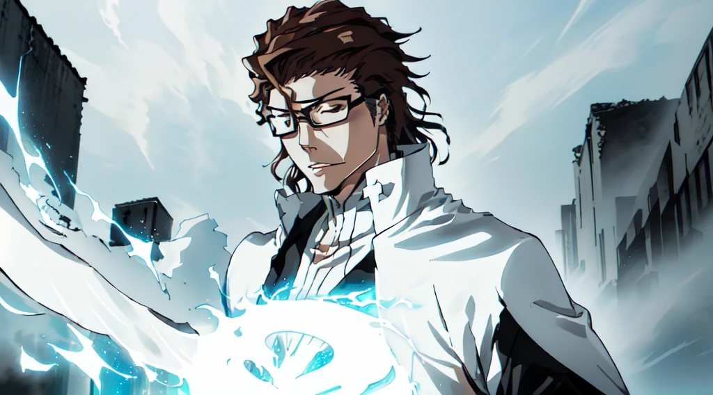 Sosuke Aizen, Bleach, bankai activation, ultra-detailed anime art style, flowing brown hair, piercing eyes behind glasses, white outfit with high collar, radiating immense spiritual pressure, reality-warping visual effects, swirling vortex of power, ethereal glow, dramatic lighting, intense aura, godlike presence, hyper-realistic texture, 8k resolution, cinematic composition