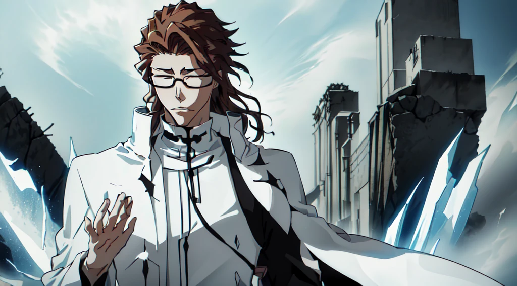 Sosuke Aizen, Bleach, bankai activation, ultra-detailed anime art style, flowing brown hair, piercing eyes behind glasses, white outfit with high collar, radiating immense spiritual pressure, reality-warping visual effects, swirling vortex of power, ethereal glow, dramatic lighting, intense aura, godlike presence, hyper-realistic texture, 8k resolution, cinematic composition