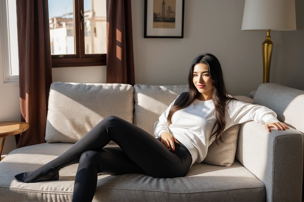 Gorgeous spanish woman of a 21-year-old spanish girl with long, flowing dark hair and striking dark eyes. in her living room, on a sofa, wearing a legging, and a sweatshirt, full body, beautiful face, masterpiece, best quality, ultra-detailed, solo, shadows contrast, cinematic light, side lighting, ultra high resolution, best shadow, RAW, 4k, 85mm, poca profundidad de campo, kodak vision color, extrem adamente detallado, Cinematographer_\(ultra\), photoreallistic, realstic, Postproceso, Maximum details, asper eza, vida real, ultra realista, fotorrealismo, Cinematographer, 8k UHD, Cinematographer