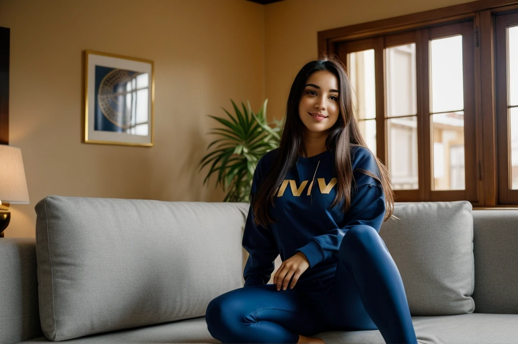 Gorgeous spanish woman of a 21-year-old spanish girl with long, flowing dark hair and striking dark eyes. in her living room, on a sofa, wearing a legging, and a sweatshirt, full body, beautiful face, masterpiece, best quality, ultra-detailed, solo, shadows contrast, cinematic light, side lighting, ultra high resolution, best shadow, RAW, 4k, 85mm, poca profundidad de campo, kodak vision color, extrem adamente detallado, Cinematographer_\(ultra\), photoreallistic, realstic, Postproceso, Maximum details, asper eza, vida real, ultra realista, fotorrealismo, Cinematographer, 8k UHD, Cinematographer