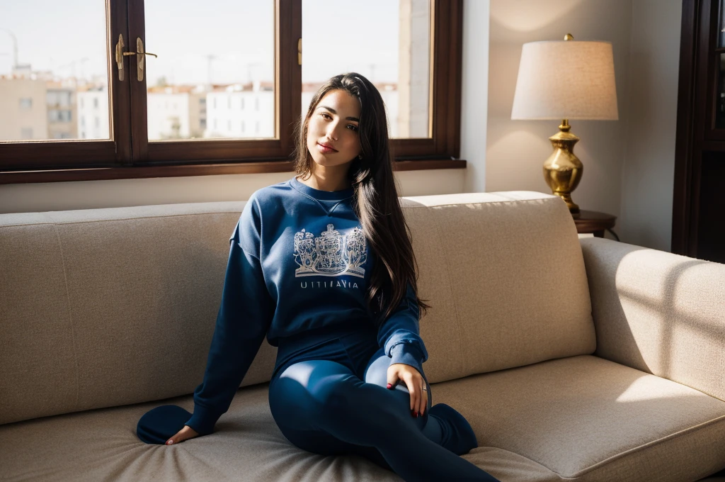 Gorgeous spanish woman of a 21-year-old spanish girl with long, flowing dark hair and striking dark eyes. in her living room, on a sofa, wearing a legging, and a sweatshirt, full body, beautiful face, masterpiece, best quality, ultra-detailed, solo, shadows contrast, cinematic light, side lighting, ultra high resolution, best shadow, RAW, 4k, 85mm, poca profundidad de campo, kodak vision color, extrem adamente detallado, Cinematographer_\(ultra\), photoreallistic, realstic, Postproceso, Maximum details, asper eza, vida real, ultra realista, fotorrealismo, Cinematographer, 8k UHD, Cinematographer