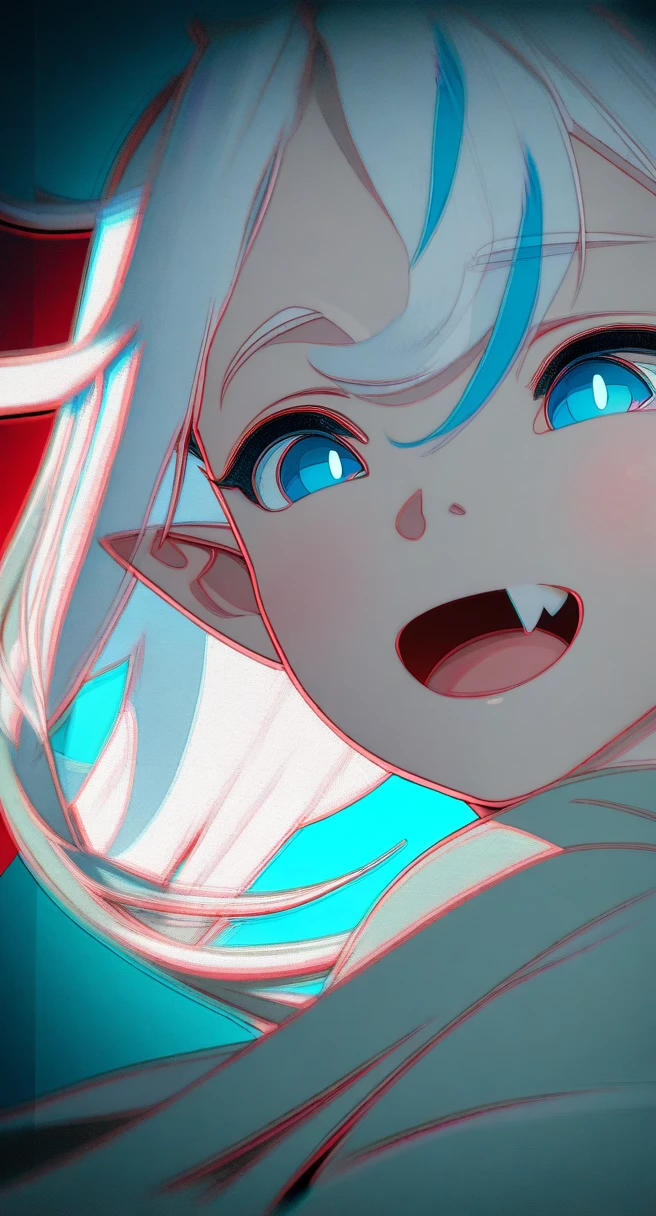 fang, white hair, wince, blue eyes, streaked hair, boy, hair strand, pointy ears, bright pupils, naughty, drop shadow, anaglyph, stereogram, tachi-e, atmospheric perspective, anime style, high detail, first-person view, close-up, 8k, super detail, masterpiece, anatomically correct