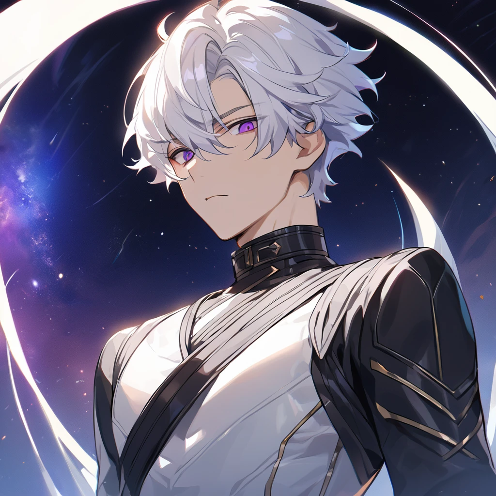 High quality, HD, 4k, no shadows, handsome male, 1male, 17 years old, teenager, golden lining, short white hair, sharp eyes, dark purple eyes, deep purple eyes, devil may cry, close up, calm expression, stoic expression, black leather clothes, white leather clothing, lean body, well trained body, upper body, looking at viewer, cowboy shot, white solar, space background