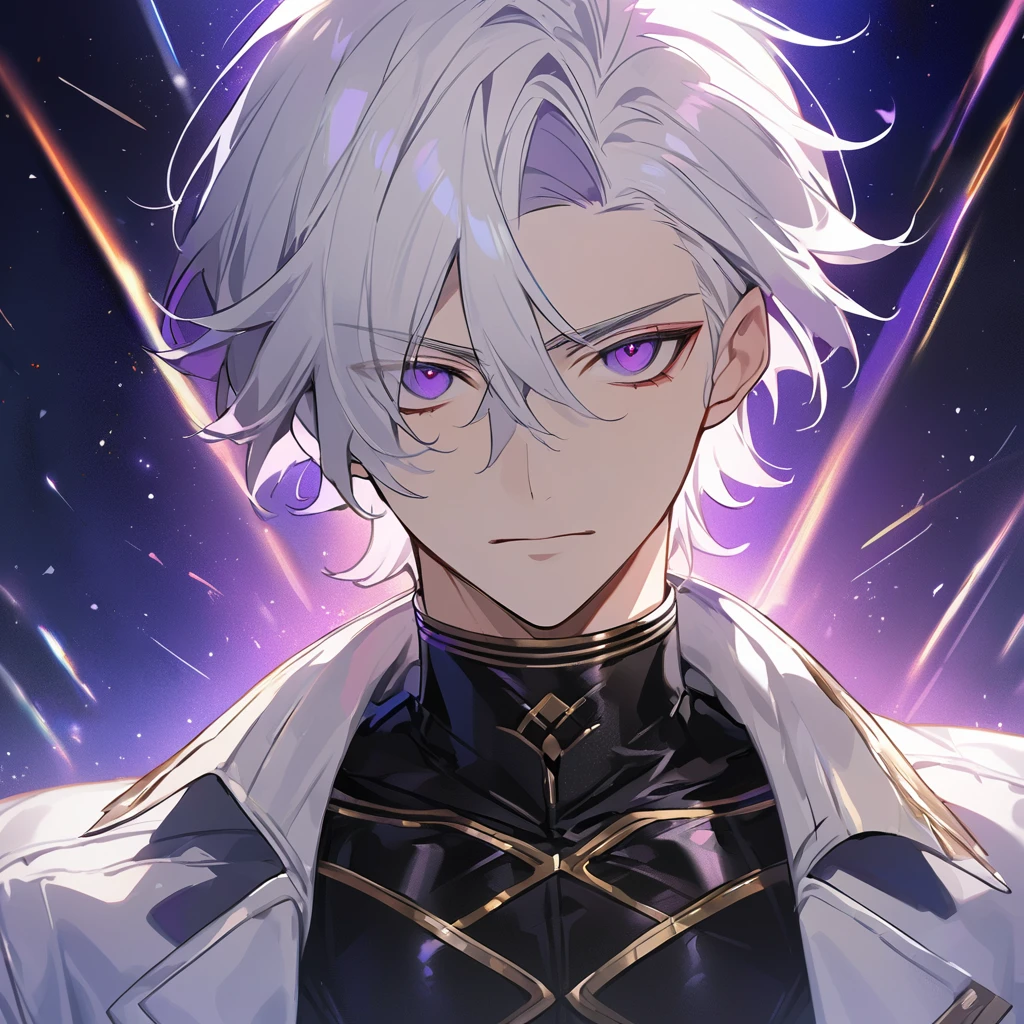 High quality, HD, 4k, no shadows, handsome male, 1male, , teenager, go lining, short white hair, sharp eyes, dark purple eyes, deep purple eyes, devil may cry, close up, calm expression, stoic expression, black leather clothes, white leather clothing, lean body, well trained body, upper body, looking at viewer, cowboy shot, white solar, space background