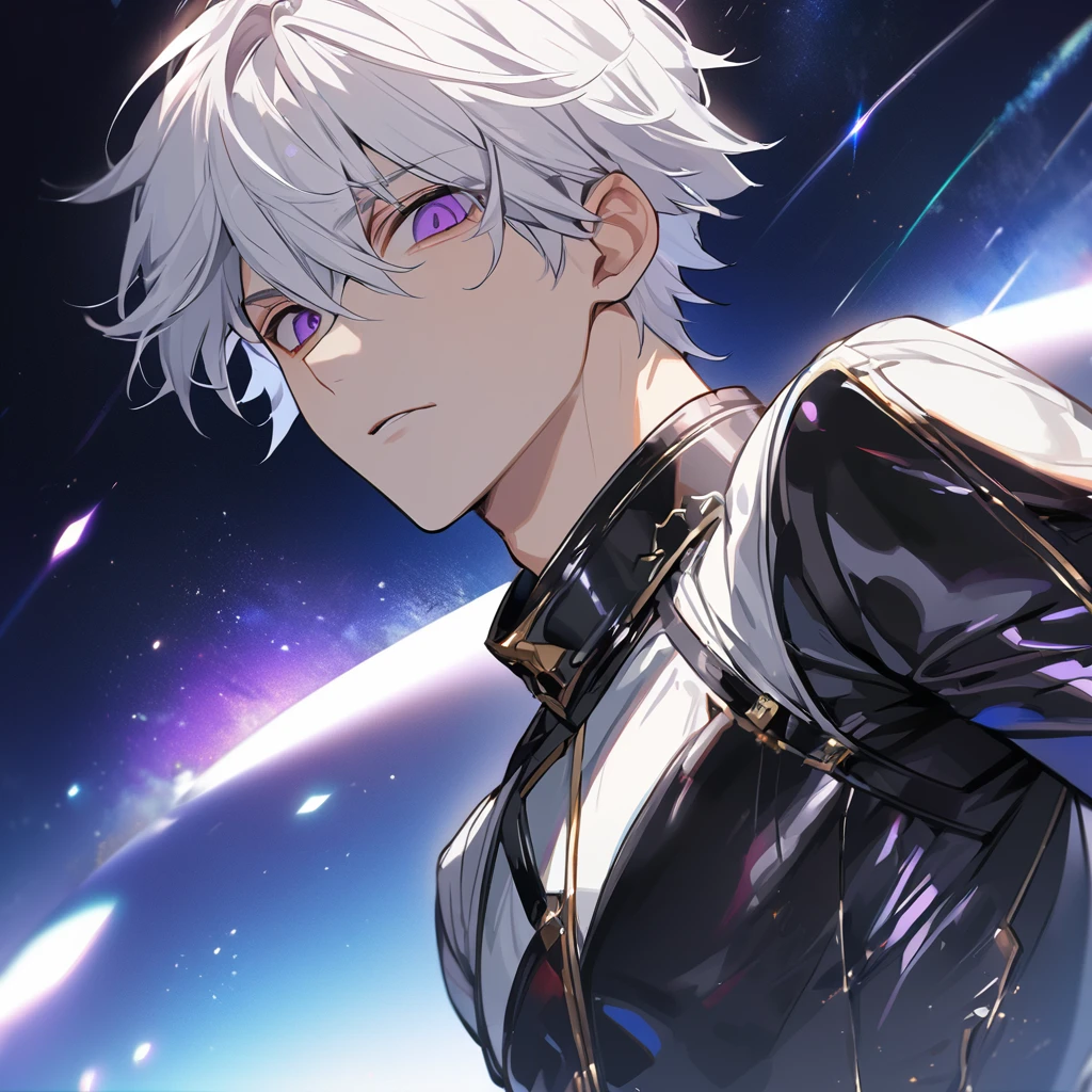 High quality, HD, 4k, no shadows, handsome male, 1male, 17 years old, teenager, golden lining, short white hair, sharp eyes, dark purple eyes, deep purple eyes, devil may cry, close up, calm expression, stoic expression, black leather clothes, white leather clothing, lean body, well trained body, upper body, looking at viewer, cowboy shot, white solar, space background