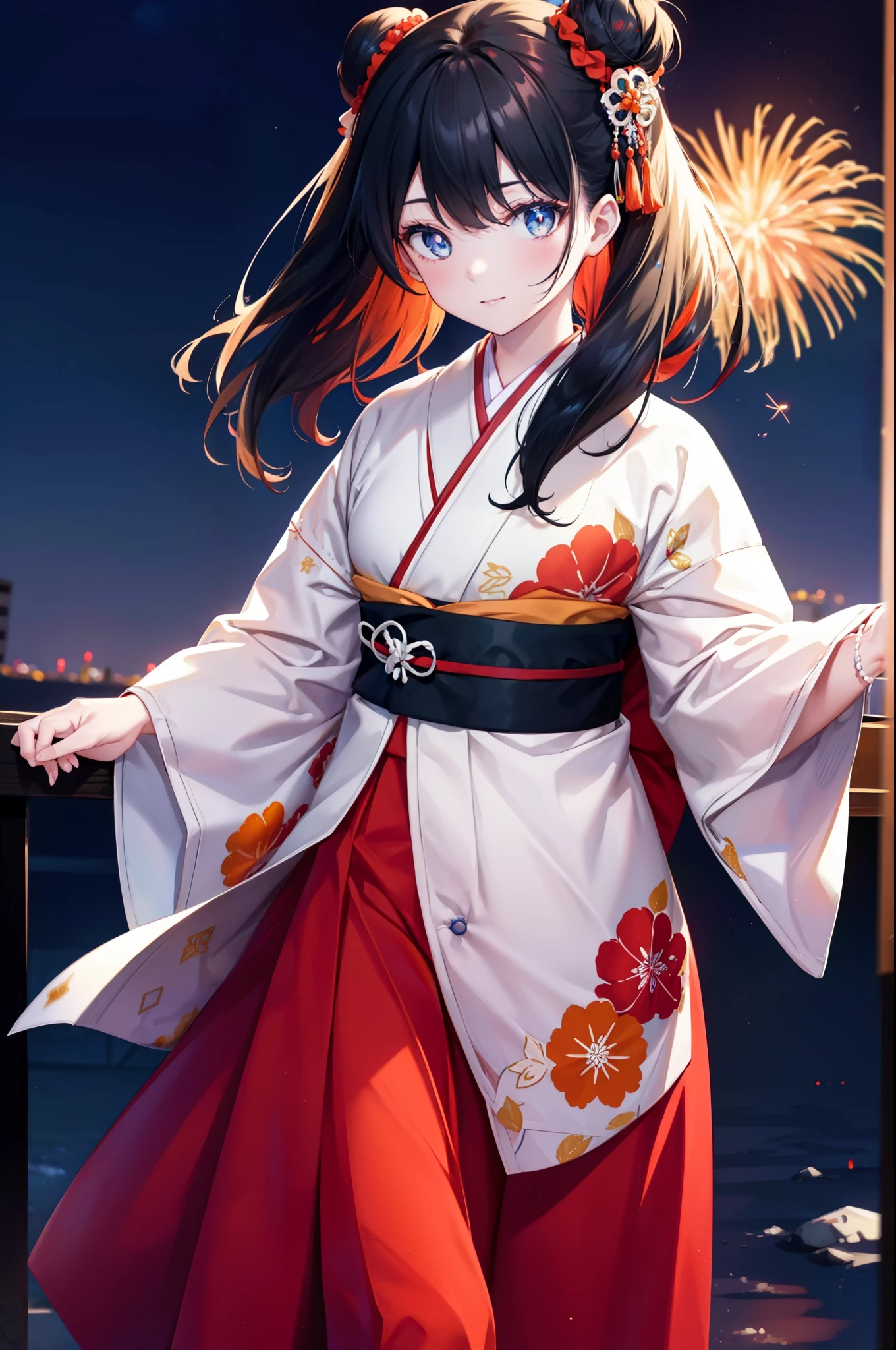 Takada Rokka, Black Hair, blue eyes, Long Hair, orange Scrunchie, Scrunchie, wrist Scrunchie,White Kimono,Thick sleeves,Long skirt,Sandals,日本のfestival,夏festivalの屋台,Red lantern,Hair Bun, double  Hair Bun,happy smile, smile, Open your mouth,Fireworks,The place is a fireworks display、Time is night,Walking,whole bodyがイラストに入るように,
break outdoors, festival,
break looking at viewer, whole body,(Cowboy Shot:1. 5),
break (masterpiece:1.2), Highest quality, High resolution, unity 8k wallpaper, (shape:0.8), (Fine and beautiful eyes:1.6), Highly detailed face, Perfect lighting, Highly detailed CG, (Perfect hands, Perfect Anatomy),