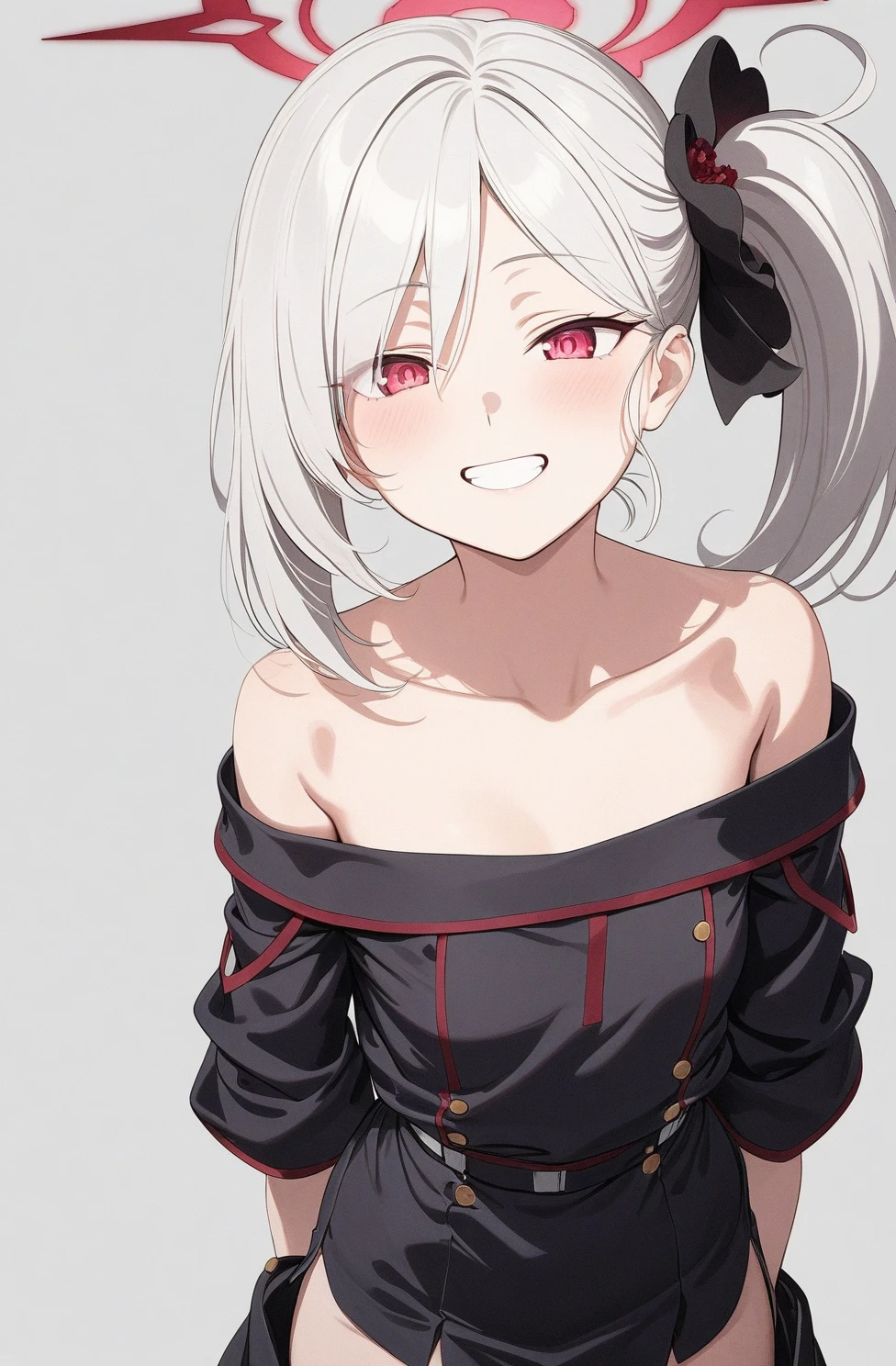 best quality, amazing quality, very aesthetic, absurdres, (1girl, mutsuki, blue archive, solo, red eyes, white hair, side ponytail), (artist official art:1.5), (realistic face:0.2), (grin, off-shoulder sweater ), (cowboy shot), (glowing eyes:1.3), (half closed eyes:0.9), (thigh), expressive eyes, perfect face, 4k, extremely detailed anime illustration, extremely detailed eyes, enhanced details, perfect anatomy, light rays, smooth skin, (gray background:1.5), clear eyes, beautiful face, small breasts, (Chiaroscuro:1.5),  (highres:2), undressing