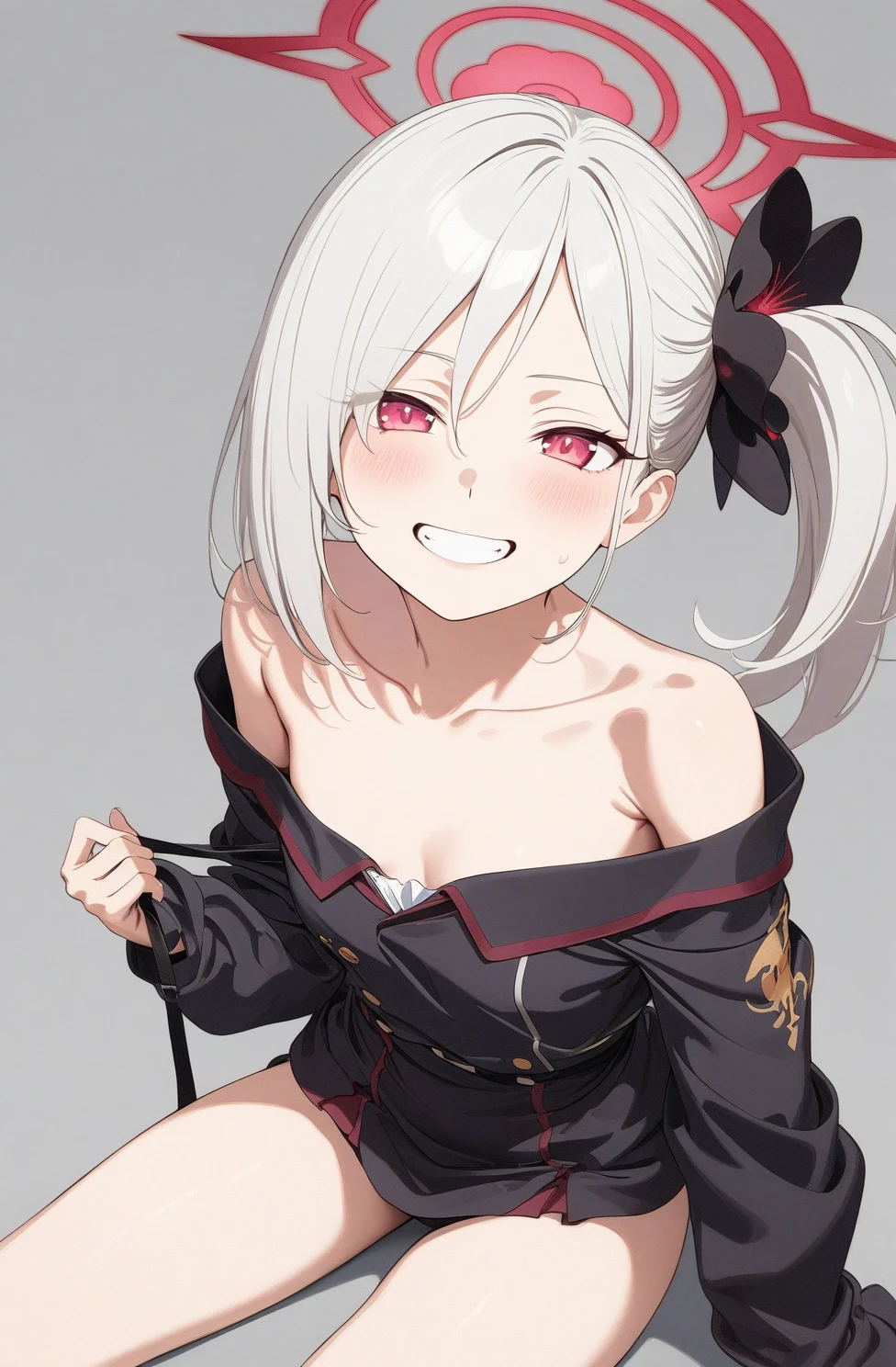 best quality, amazing quality, very aesthetic, absurdres, (1girl, mutsuki, blue archive, solo, red eyes, white hair, side ponytail), (artist official art:1.5), (realistic face:0.2), (grin, off-shoulder sweater ), (cowboy shot), (glowing eyes:1.3), (half closed eyes:0.9), (thigh), expressive eyes, perfect face, 4k, extremely detailed anime illustration, extremely detailed eyes, enhanced details, perfect anatomy, light rays, smooth skin, (gray background:1.5), clear eyes, beautiful face, small breasts, (Chiaroscuro:1.5),  (highres:2), undressing