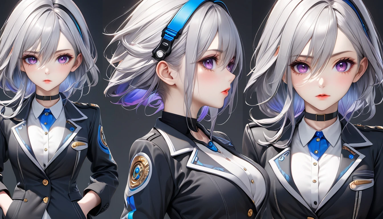 1 girl, anime, masterpiece, ultra-detailed, photorealistic, (best quality,4k,8k,highres,masterpiece:1.2),ultra-detailed,(realistic,photorealistic,photo-realistic:1.37), beautiful detailed eyes, beautiful detailed lips, extremely detailed eyes and face, long eyelashes, perfect body, perfect hand, perfect face, breast c cup, fox pupil, a blue headset in her neck, black choker, beautiful purple eye pupils, silver hair with blue streak, hair strands covering eye, black coat with mysterious pattern, white suit, black short skirt, black boots, hand in pocket, character concept image, many angle, different angle different expression like playfull, mad, and more