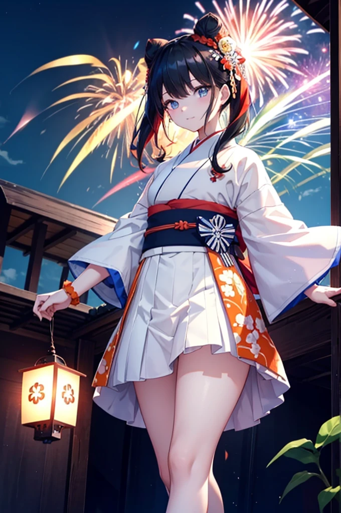 Takada Rokka, Black Hair, blue eyes, Long Hair, orange Scrunchie, Scrunchie, wrist Scrunchie,White Kimono,Thick sleeves,Long skirt,Sandals,日本のfestival,夏festivalの屋台,Red lantern,Hair Bun, double  Hair Bun,happy smile, smile, Open your mouth,Fireworks,The place is a fireworks display、Time is night,Walking,whole bodyがイラストに入るように,
break outdoors, festival,
break looking at viewer, whole body,(Cowboy Shot:1. 5),
break (masterpiece:1.2), Highest quality, High resolution, unity 8k wallpaper, (shape:0.8), (Fine and beautiful eyes:1.6), Highly detailed face, Perfect lighting, Highly detailed CG, (Perfect hands, Perfect Anatomy),