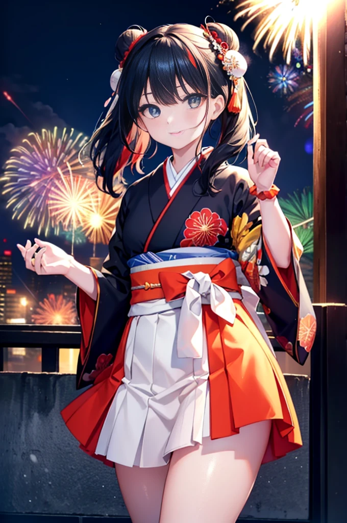 Takada Rokka, Black Hair, blue eyes, Long Hair, orange Scrunchie, Scrunchie, wrist Scrunchie,White Kimono,Thick sleeves,Long skirt,Sandals,日本のfestival,夏festivalの屋台,Red lantern,Hair Bun, double  Hair Bun,happy smile, smile, Open your mouth,Fireworks,The place is a fireworks display、Time is night,Walking,whole bodyがイラストに入るように,
break outdoors, festival,
break looking at viewer, whole body,(Cowboy Shot:1. 5),
break (masterpiece:1.2), Highest quality, High resolution, unity 8k wallpaper, (shape:0.8), (Fine and beautiful eyes:1.6), Highly detailed face, Perfect lighting, Highly detailed CG, (Perfect hands, Perfect Anatomy),