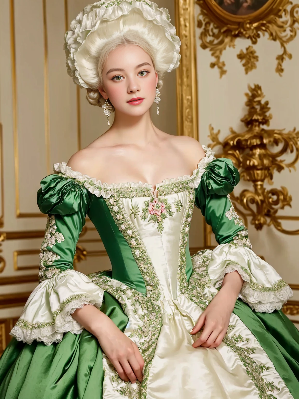 Close up of woman wearing green and white dress, dress in the style of Rococo, Rococo queen, Rococo fashion, 1 8th century style, Rococo dress, Rococo style portrait, Rococo portrait, historical baroque dresses, Rococo, Marie Antoinette, # Rococo, noble clothing, Rococo style, exquisite nobility
