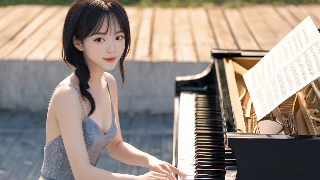 xxmixgirl,,Jing-Hao Zhang style, dark gray and light black, 8K resolution, Miho Hirano, character caricature, Albert Edelfeldt, playing the piano
in jazz ber