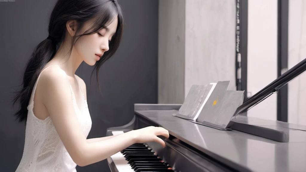 xxmixgirl,,Jing-Hao Zhang style, dark gray and light black, 8K resolution, Miho Hirano, character caricature, Albert Edelfeldt, playing the piano
in jazz ber