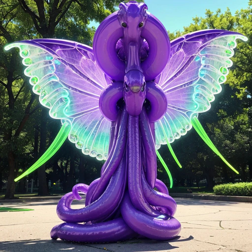 A eldritch angel (central body of a violet lion, 6 pairs of radiant crystal wings, numerous white tentacle eyestalks with neon green eyes) has appeared in a holy corona and approaching the viewer set in a park in daytime
