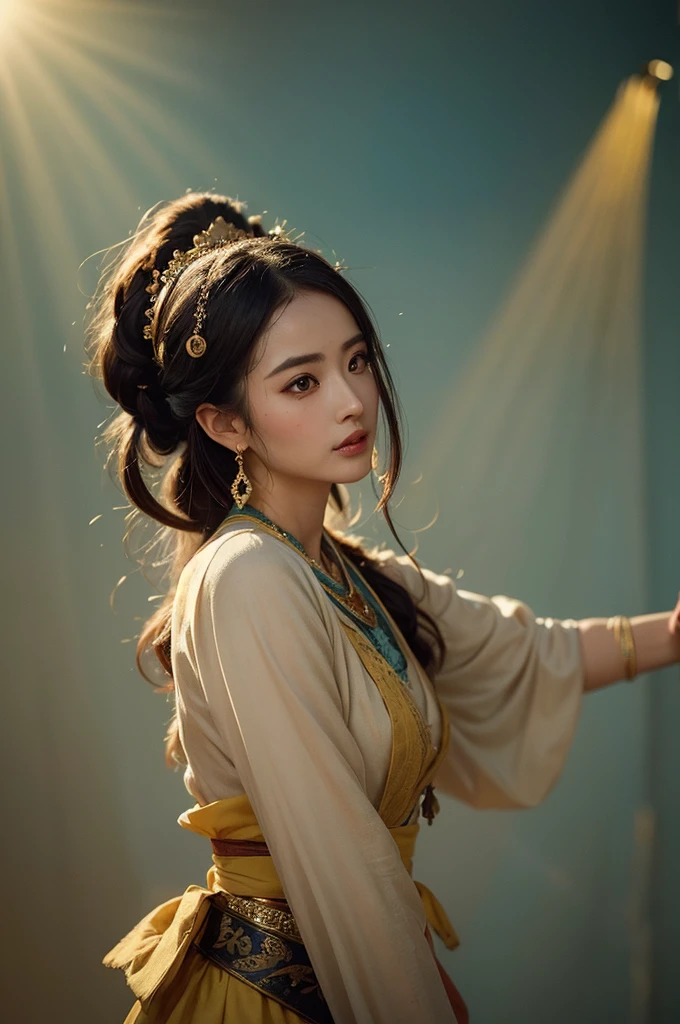 1girl, Dunhuang Flying Apsaras costume, messy long hair, Ji Jian, Dunhuang style, a lot of smoke, superb, elegant colors, (realistic, high detail, masterpiece, super detailed, dynamic angle, mural background, ink wash, amazing, movie lighting, illustration, clair obscur, backlighting, god rays, Holland, best quality, best quality yellow
