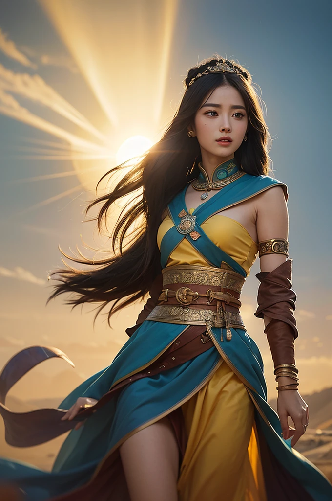1girl, Dunhuang Flying Apsaras costume, messy long hair, Ji Jian, Dunhuang style, a lot of smoke, superb, elegant colors, (realistic, high detail, masterpiece, super detailed, dynamic angle, mural background, ink wash, amazing, movie lighting, illustration, clair obscur, backlighting, god rays, Holland, best quality, best quality yellow