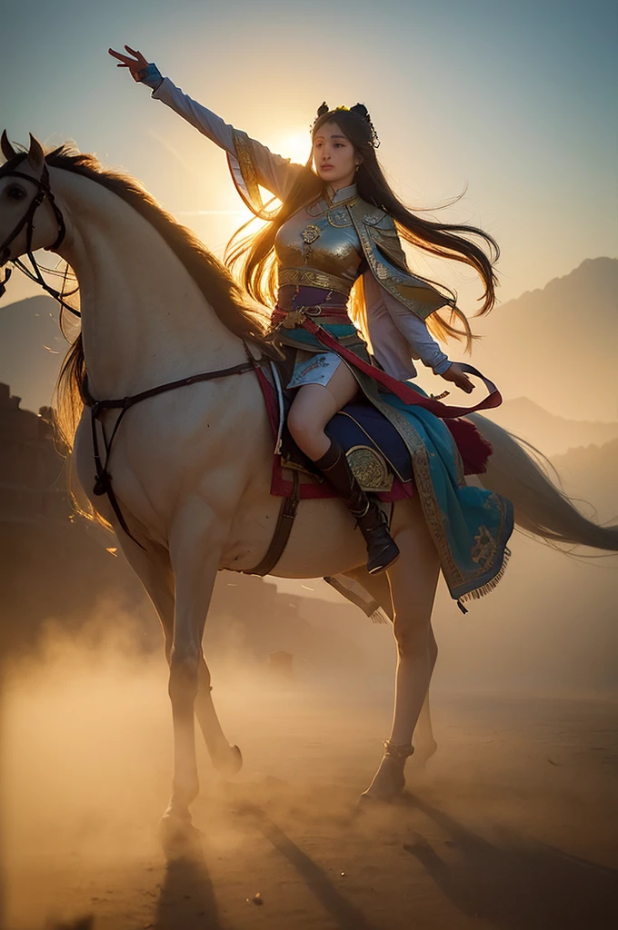fierce female warrior on horseback, wide angle shot, scenic background, high detail, epic, realistic, cinematic lighting, dynamic composition, by top fantasy artists, 4k resolution, masterpiece digital painting, photodromm, erotic, large breasts, hyperrealistic art, extremely high-resolution details, photographic, realism pushed to extreme, fine texture, incredibly lifelike