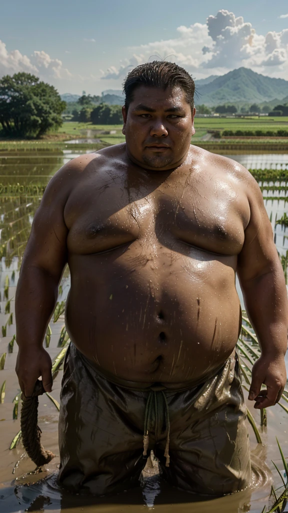 3D realistic photo, a skinny farmer pulling a rope held by a big, fat man like a sumo wrestler, covered in mud in the middle of a green rice field, with a backdrop of rice fields and other farmers working."