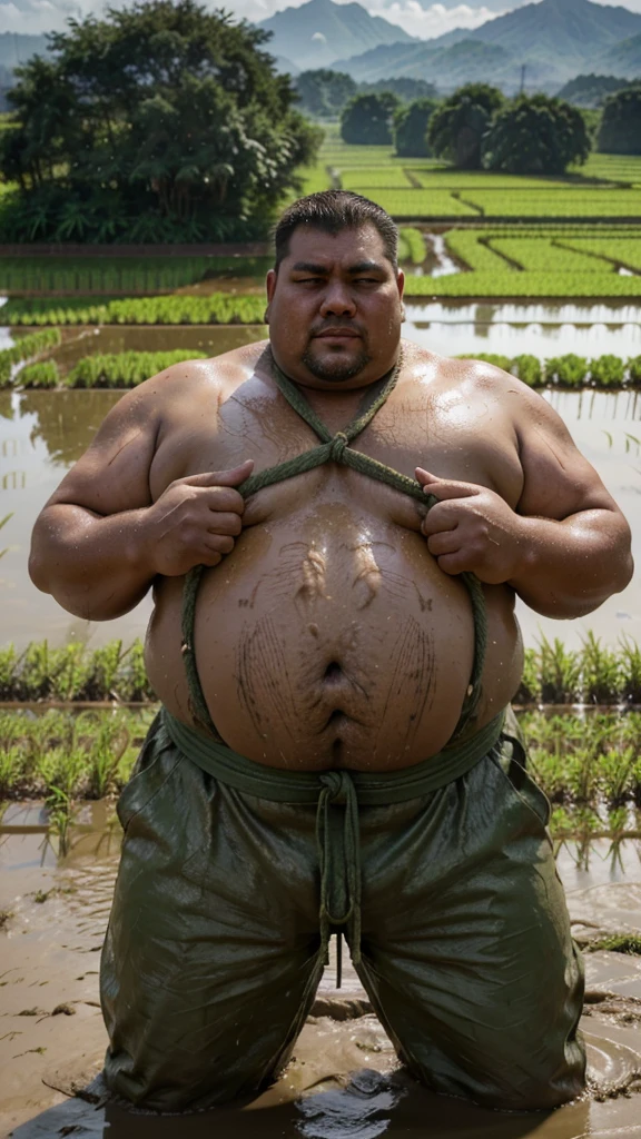 3D realistic photo, a skinny farmer pulling a rope held by a big, fat man like a sumo wrestler, covered in mud in the middle of a green rice field, with a backdrop of rice fields and other farmers working."