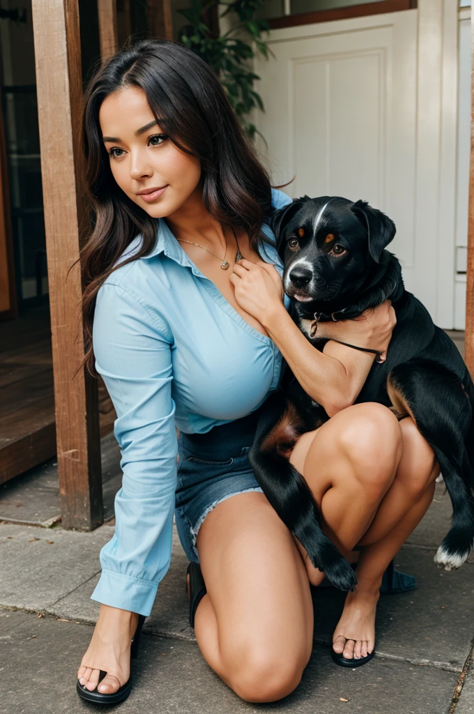 A woman squeeze by dog