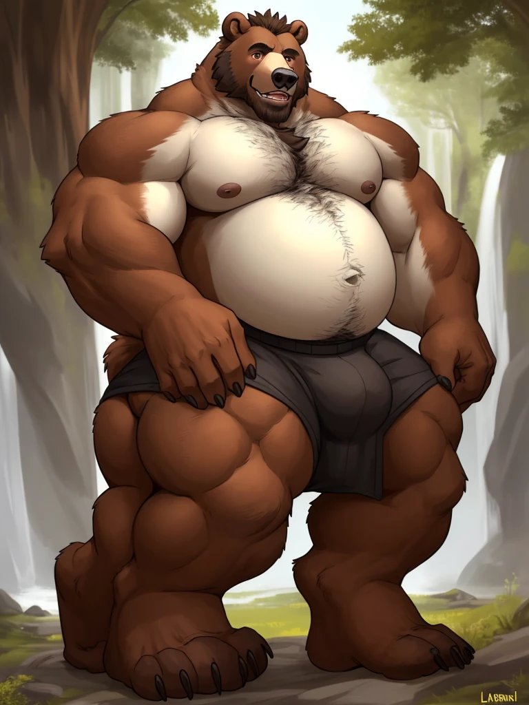 furry, fur taur, beartaur, middle-age,1man, solo, old, detailed face, bear ears, bear eyes(brown), bear nose(black), bear mouth, garibaldi beard(white), mature hair(white), detailed arms(strongest), hands(5 fingers), detailed body belly, muscular, muscular belly(white), chubby, detailed taur body, bear paws, bear tail