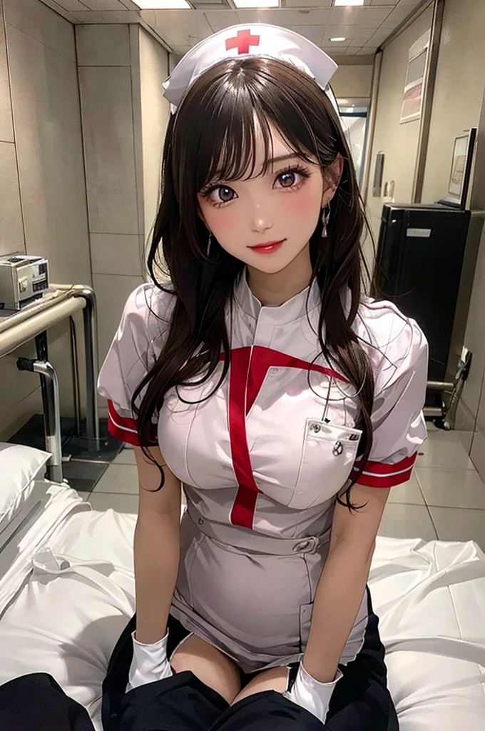 (seductive smile), (((24yo, gyaru))), masterpiece, (((wearing tight nurse uniform)), (allfours), ((large breasts)), ((large hip)), (shiny skin), ((skindentation)), photorealistic, realistic, solo, photorealistic, best quality, ultra high res, YuraS, bed, parted lips, beautiful, masterpiece, best quality, extremely detailed face, perfect lighting, ultra high res, ultra detailed