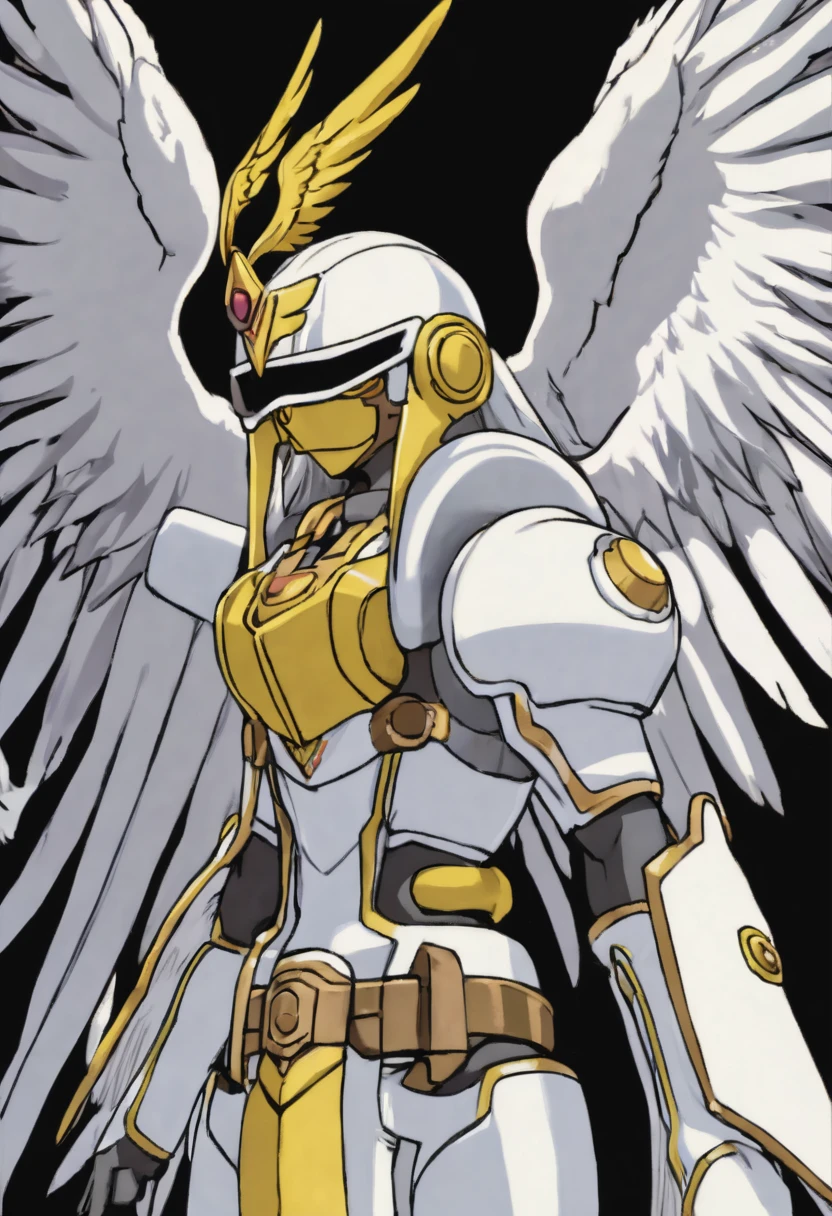 (Angemon de Digimon Adventure), 1man, solo, blonde hair, head wings, helmet, (covered eyes:1.7), long hair, white battlesuit, angel wings, feathered wings, wings, anime screencap, american cowboy shot, masterpiece, the best quality, super detailed