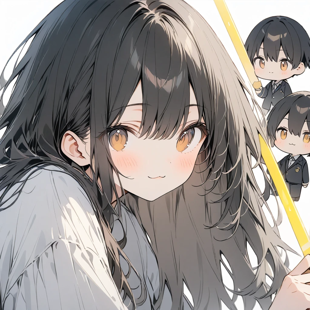 High resolution, Attention to detail, high quality, High resolution, 最high quality, 4K, 8K, Awards、White background、Black Hair、long hair、Slanted Eyes、cute、Shooting distance: 3M,(Yellow line color:1.02),White shirt,Brown eyes