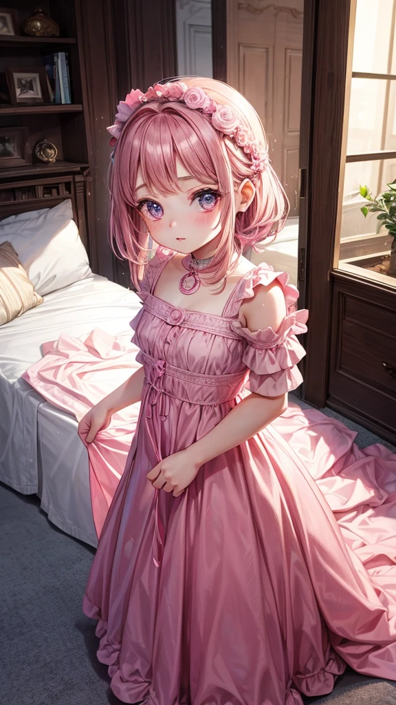 A young girl, her age is , big eyes, beautiful eyes, pink long dress