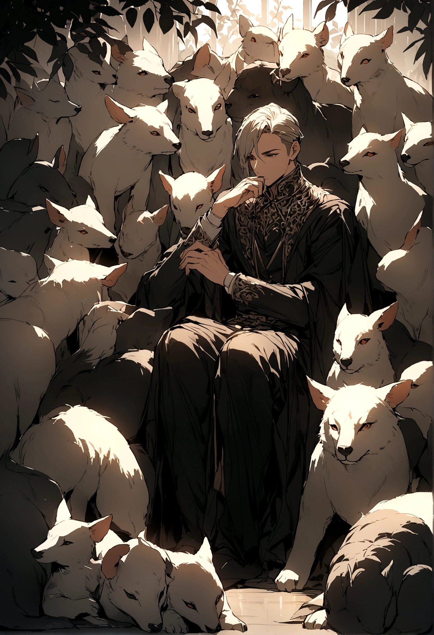 4K，Beautiful Boys,deep in thought,The boy is surrounded by animals,masterpiece，Highest quality