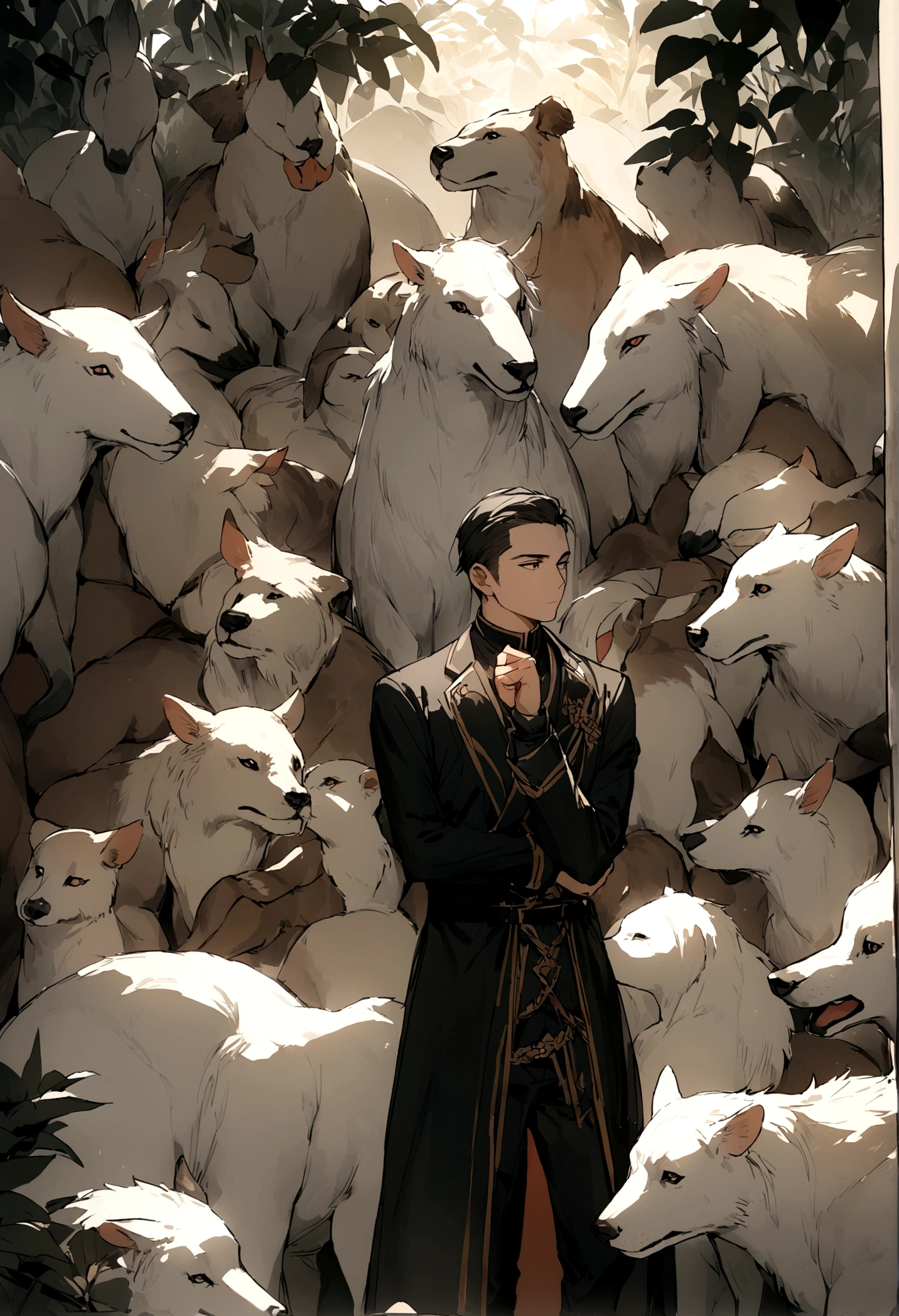 4K,Beautiful Boys,deep in thought,The boy is surrounded by animals,masterpiece,Highest quality