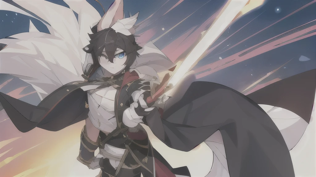 White Wolf,Black Hair,Sky blue eyes,hairy,Wolf ears,Wolf Tail,Full body portrait,The character is in the center of the screen,Handsome,Confident gaze***but,juvenile,Black and white combat uniform,Red bib,Black shorts,Short sleeve,hairy arms and legs,Classroom Background,School,dawn,sunrise,dawn,illumination,shadow,swordsman,The scabbard and hilt are held in the hand,Scabbard at waist,best quality,tall and big