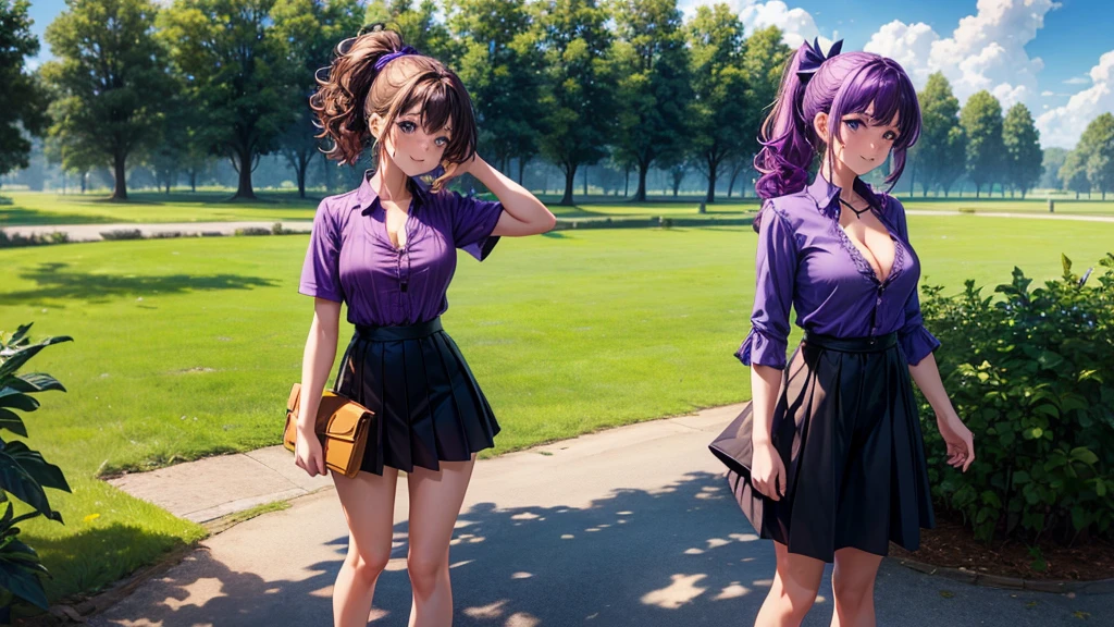 1girl, solo, full body, summer, village, trees, sun, clouds, colorful hair, curly hair, ponytail, large breasts, button down, dark blue eyes, ((purple shirt)), ((unbuttoned shirt)), ((short sleeved shirt)), cleavage 1:3, black skirt, brown shoes, grin, looking at the viewer, standing, hair ribbon