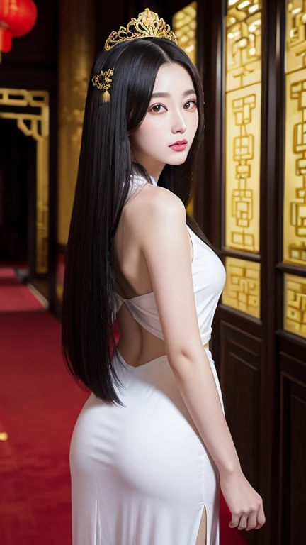 8K, Top Quality, Intricate Details, Ultra Detail, Ultra High Resolution, Masterpiece, close up shot, shot from behind, (Looking back), standing, Slender, Smile, blue  hair, (Makeup: 0.4), (Fluffy red Eyes: 1.21), red eyes, 1girl, solo, 1 girl, (( full body)), close up shot, ((Black hair, long hair)) , ((tall)), (((fit body))), (((slim face))), sharp face,  )),  (detailed face), sharp face,  small lips, ass up , 
 ((shawl, naked)),  detailed face, detailed breast, , large breast, huge breast, detail ass, Narrow Waist, Skinny, , Muscular, , Pointed Chest, detail ass,large ass , Beautiful girl , Bust Botox, Big, Perfect Body, detail leg, (( dark background)), black background,
