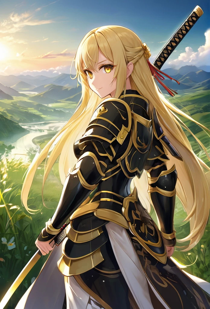 a princess with black and gold sumai armor, shougan armor, holding a long katana, glassy glowing eyes, blonde long hair, landscape view