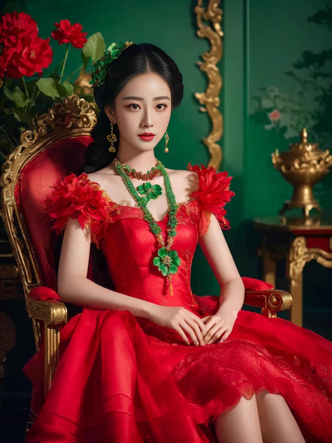 A woman in red is sitting on a red chair, Chassis, Red Jewellery, chinese princess, xianxia fantasy, chinese style, Ruanjia is pretty!, Queen of the Sea Mu Yanling, beautiful fantasy empress, Empress of China, chinese dress, kaishkun, Inspired by Zhang Yan, Jingna Zhang, xianxia, royal elegant pose