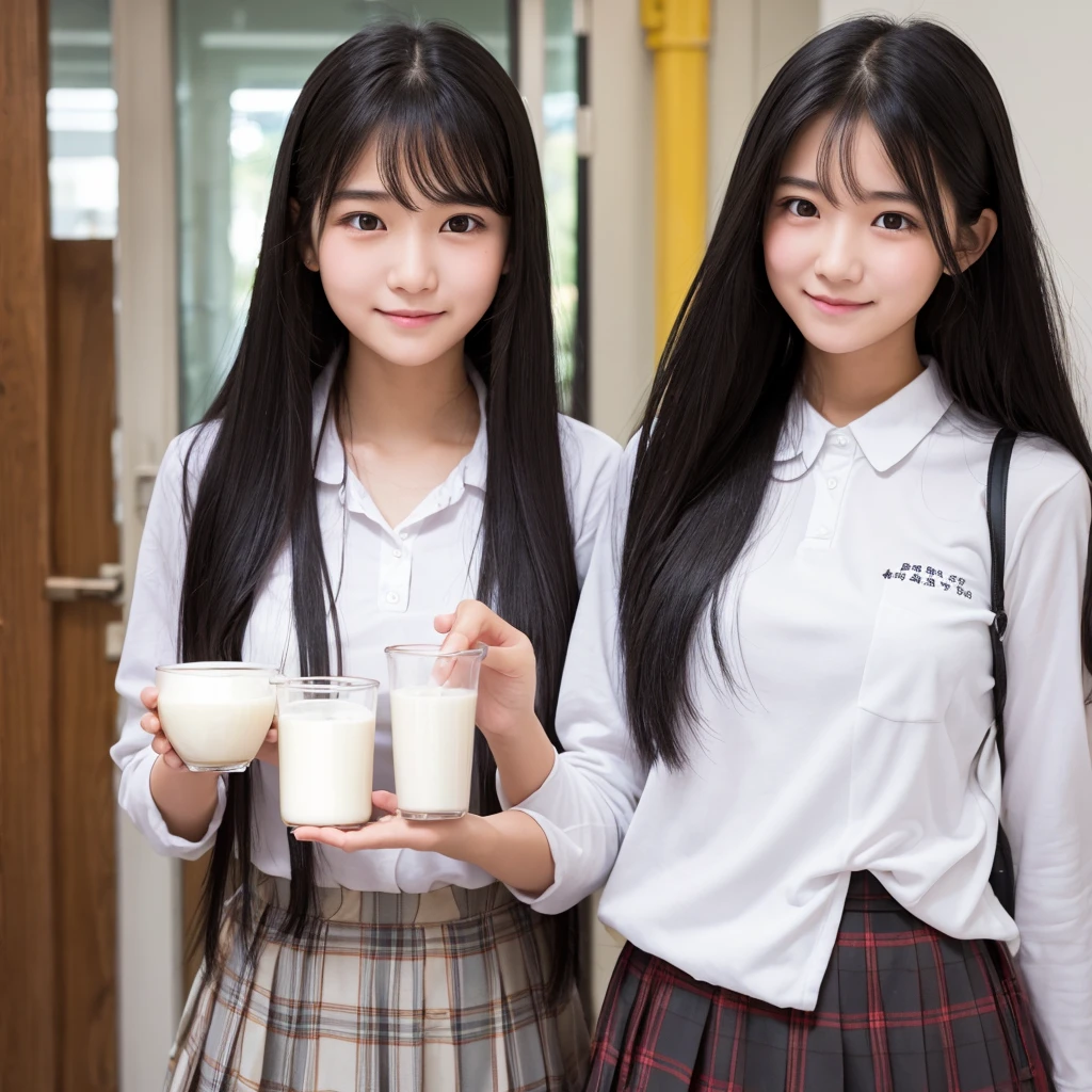 A high school girl with long black hair, a straight nose, and a bright, kind face is dripping milk from the corner of her mouth.