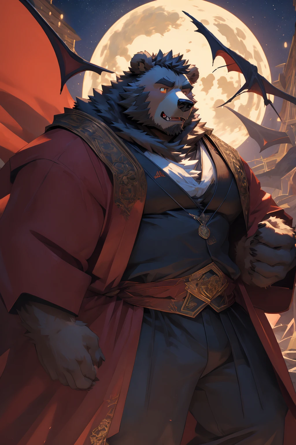 (Super detailed), Sharp focus,hairy, Gray fur, White beard,,Golden Eyes,human nature (棕Bear:1.3), male, Muscular ,(Crotch bulge),(Big Bag),Super detailed的脸,(dishevelled:1.4),(best quality), (masterpiece), High Detail, high quality,High resolution,16K,(Bear:1.3),(scar:1.1),(Fangs),(vampire:1.2),(Red robe),moonlight,Sharp teeth,(Bloody Mouth)