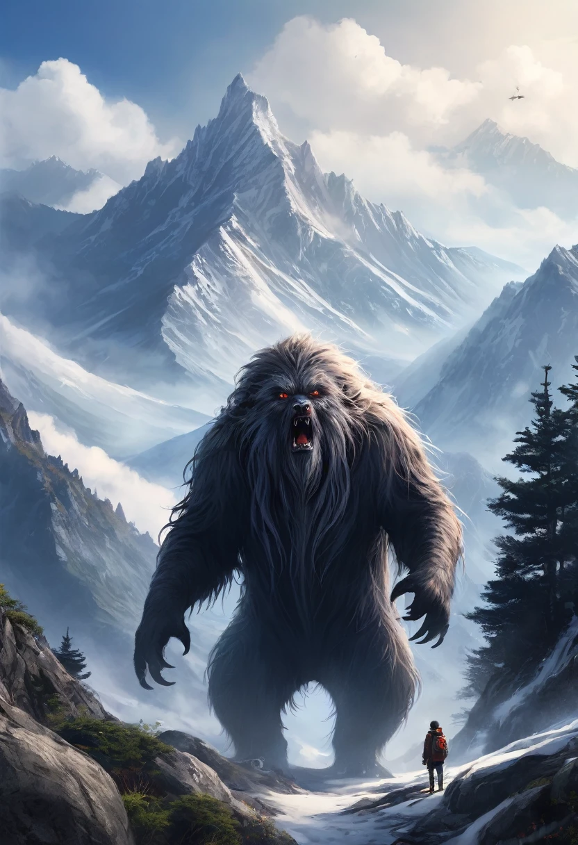 Unidentified creatures deep in the mountains。scared。huge。feel ill。Hairy。Keep your background realistic。I included a person to compare the size.