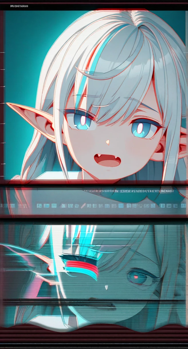 fang, white hair, wince, blue eyes, streaked hair, boy, hair strand, pointy ears, bright pupils, naughty, drop shadow, anaglyph, stereogram, tachi-e, anime style, high detail, pov, stats, 8k, super detail, masterpiece, anatomically correct