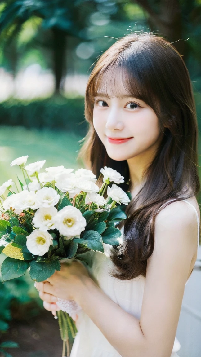 Create an image of a young woman around 25 years old, inspired by the provided image. The woman should have long, flowing hair and a gentle smile, holding a bouquet of flowers similar to the one in the reference. The setting should be a beautiful outdoor environment with greenery in the background, reminiscent of a sunny day. The woman should have a slightly more mature appearance while maintaining a warm and friendly expression. Ensure the lighting and color tones are soft and natural, highlighting her youthful yet mature beauty.